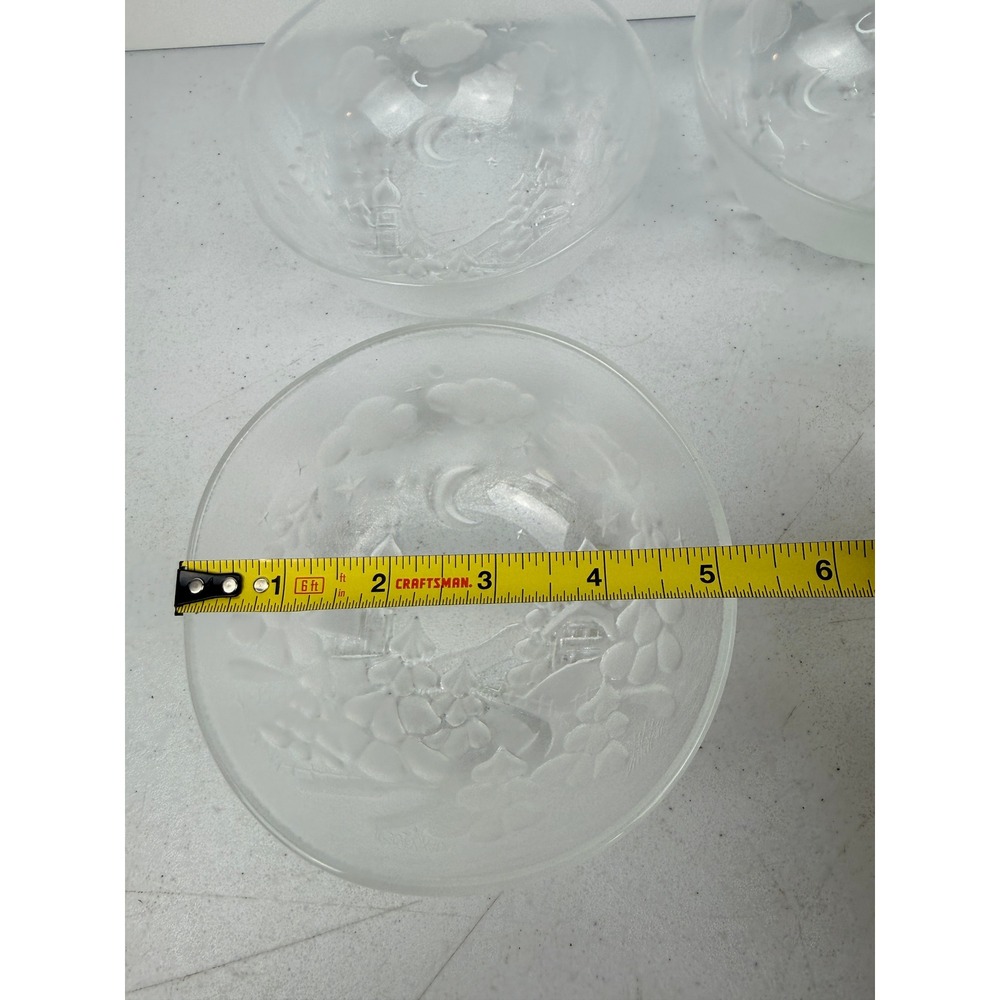 Vintage Frosted Glass Winter Scene Bowls Set of 4 Christmas Village Moon Stars - Picture 8 of 8